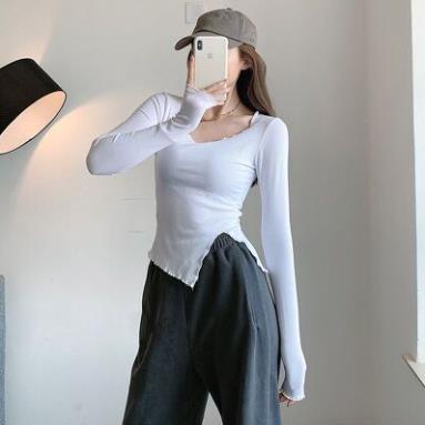 Áo Dài Tay Tà Lệch Viền Sóng Chất Mềm Mịn 3 Màu Hot Trend CD111 - MaiRin Fashion