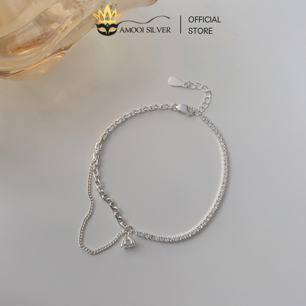 Lắc Tay Bạc S925 1 bên xích 1 bên nạm đá charm 6 chấu tòn ten - Amooi Silver AT118