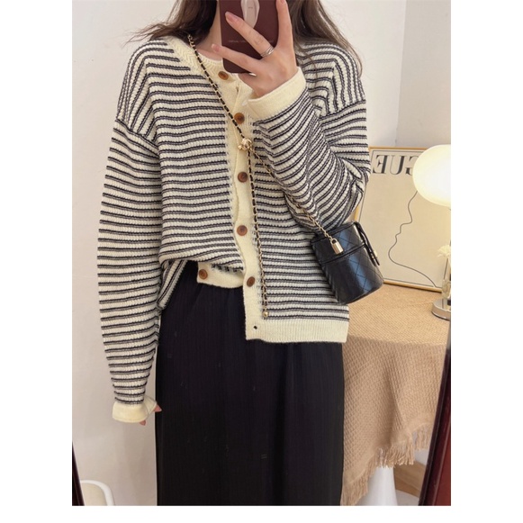 Áo len cardigan NZN tay dài cổ tròn họa tiết kẻ sọc phong cách Hàn Quốc thời trang mùa thu cho nữ