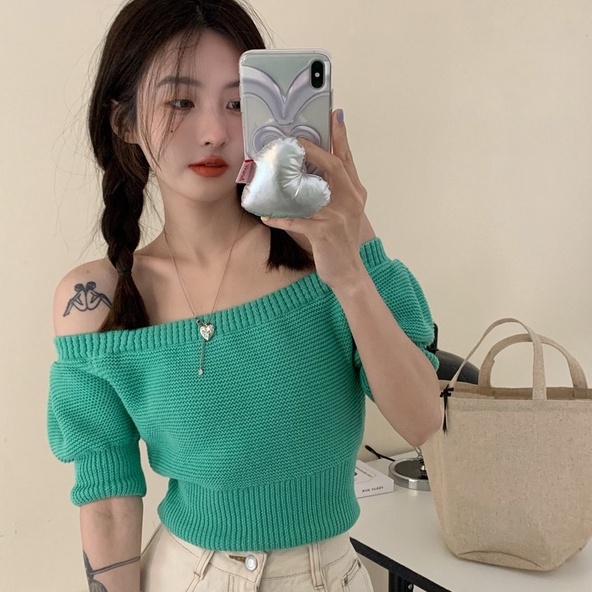 Áo Thun Tay Ngắn Trễ Vai Họa Tiết Sọc Ngang Thời Trang Dành Cho Nữ