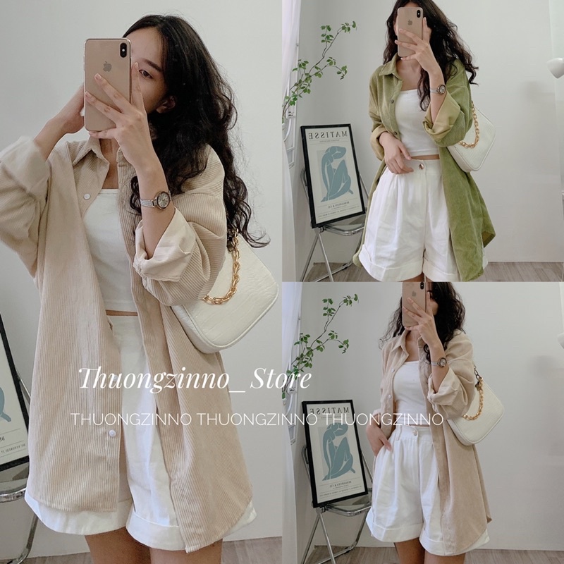 [Anh that/Video] Áo Sơ Mi Nhung TĂM Unisex Form Rộng Ulzzang Hàn Quốc - Áo sơ mi nữ phong cách kiểu màu Vintage