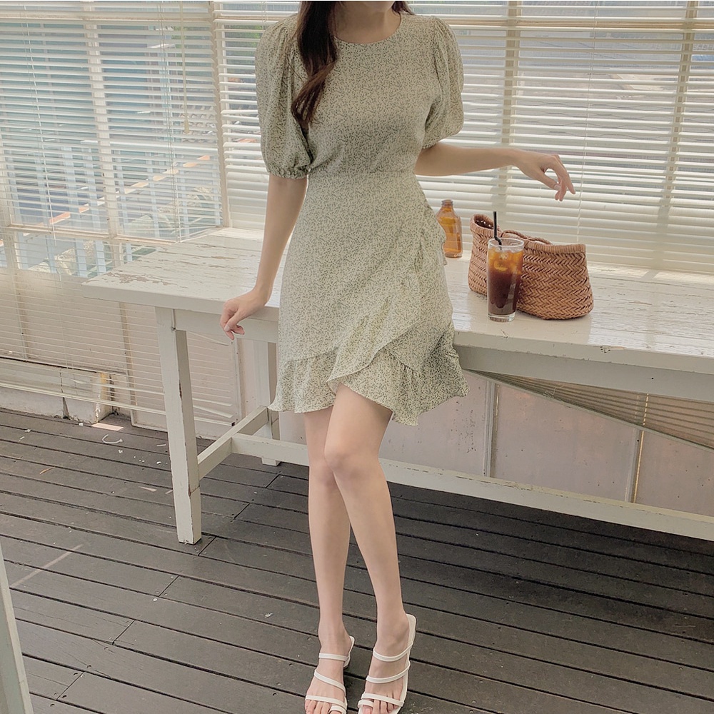 SUXI Đầm Tay Ngắn Cổ Tròn Hoạ Tiết Hoa Phong Cách Hàn Quốc