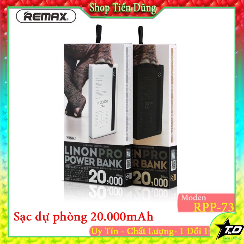 Sạc dự phòng remax rpp-73 dung lượng 20.000mAh có đèn hiển thi pin có đèn pin