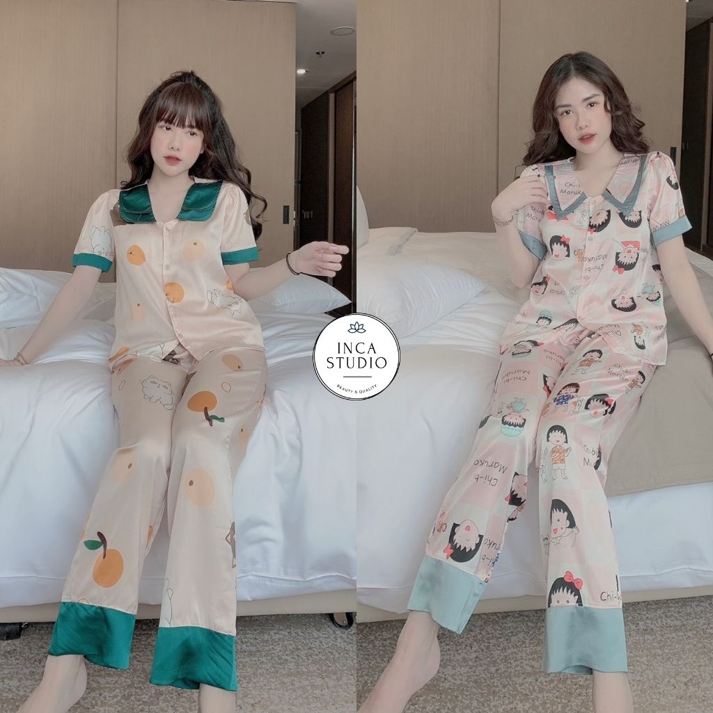 (Xả kho) Đồ ngủ Pyjama lụa Latin cao cấp INCA 09- Free size dưới 60kg, Chất Lụa thoáng mát
