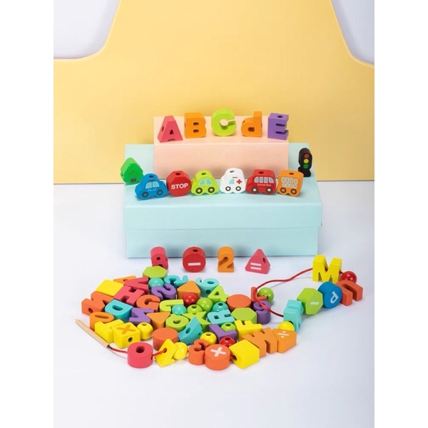 Đồ Chơi Gỗ Thông Minh The Pooh Cho Bé Xâu Luồn Hạt Chữ Số Kèm Phương Tiện Giao Thông  An Toàn Cho Bé Từ 3-6 tuổi