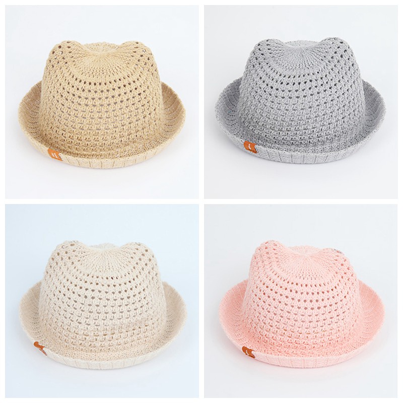 Kids Baby Summer Cotton Yarn Hats Boy Girls Cute Bear Ears Beach Straw Hat Hollow Breathable Basin Cap Toddler Travel Caps