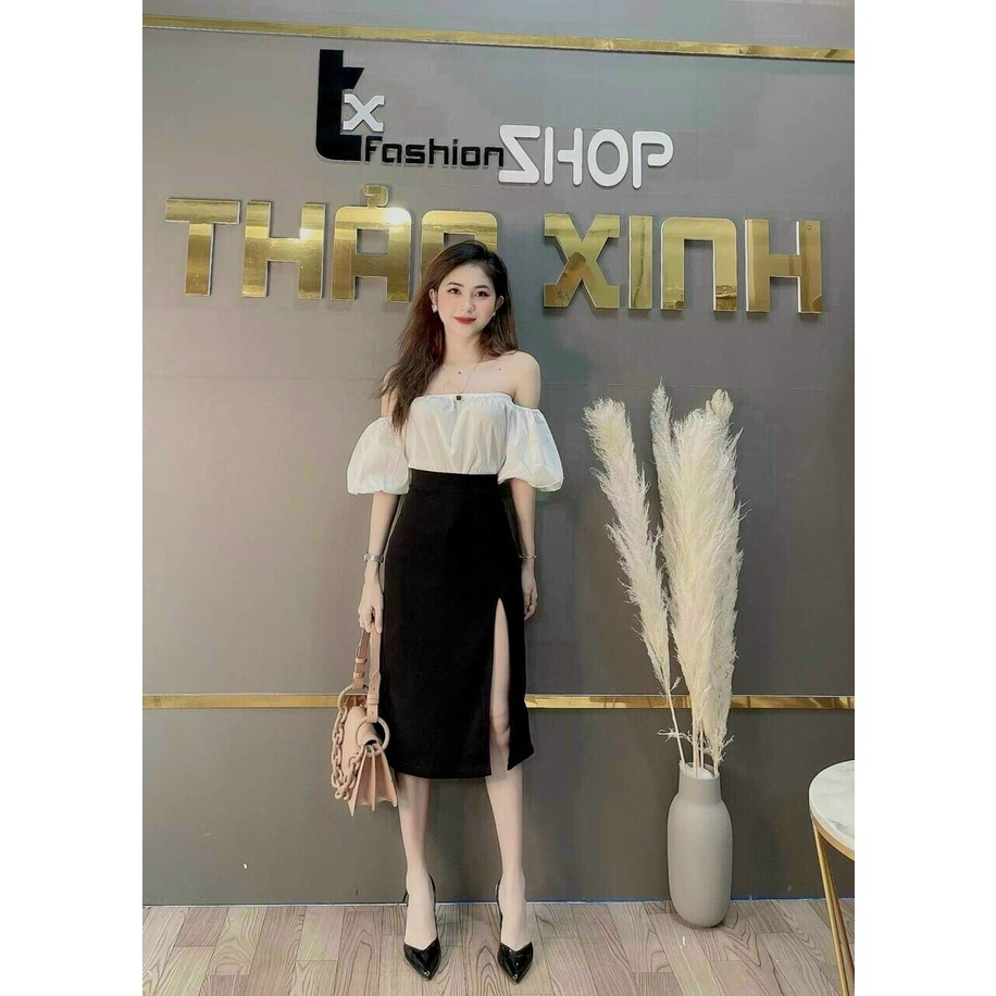 Set áo trắng trễ vai mix chân váy đen xẻ tà, set váy tay phồng tiểu thư màu đen trắng cho nàng công sở trẻ trung