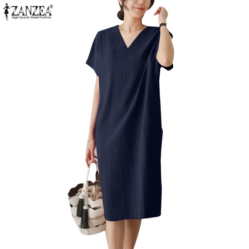 Đầm midi Zanzea tay ngắn cổ chữ v màu trơn phong cách vintage thời trang cho nữ