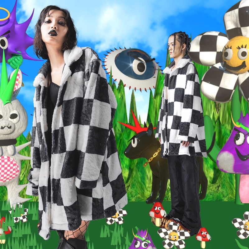 Áo khoác lông dáng dài CHECKERBOARD COAT