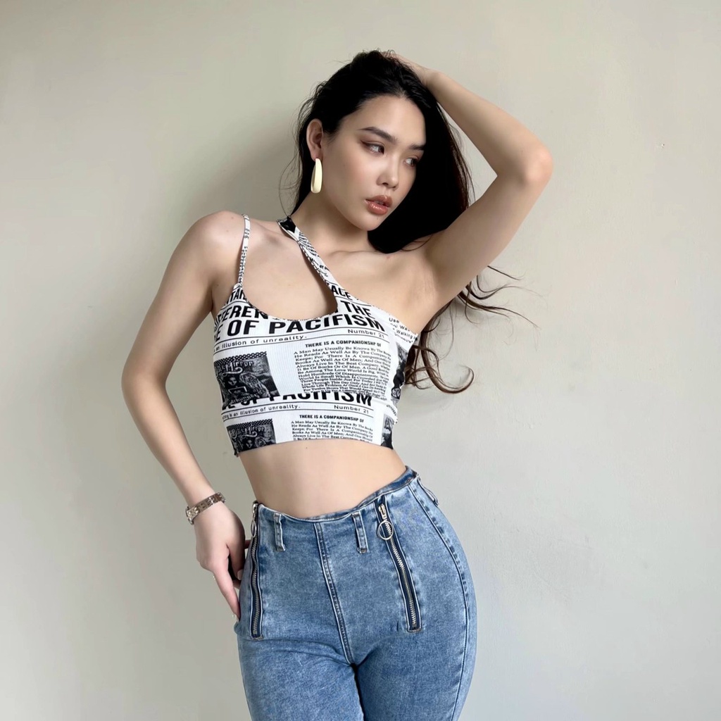 Áo bra croptop su họa tiết báo chữ dây chéo độc đáo mẫu mới M2258 - Mbra94