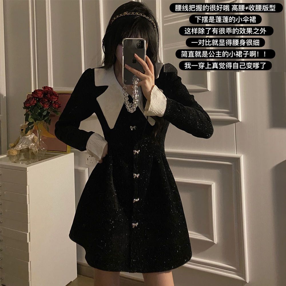 Váy babydoll đầm babydoll One Đầm Nhung Cổ Búp Bê Dáng Chữ A Màu Đen Thời Trang Mùa Đông Dành Cho Nữ