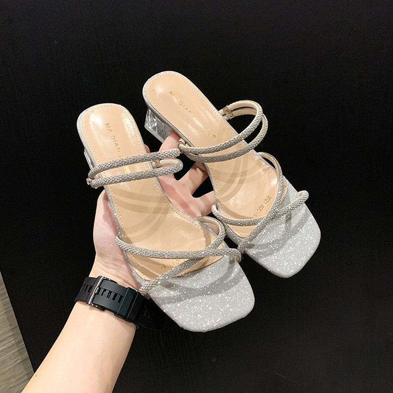 Sandal đính đá cao cấp đế vuông 5 phần da lì mềm mịn siêu đẹp