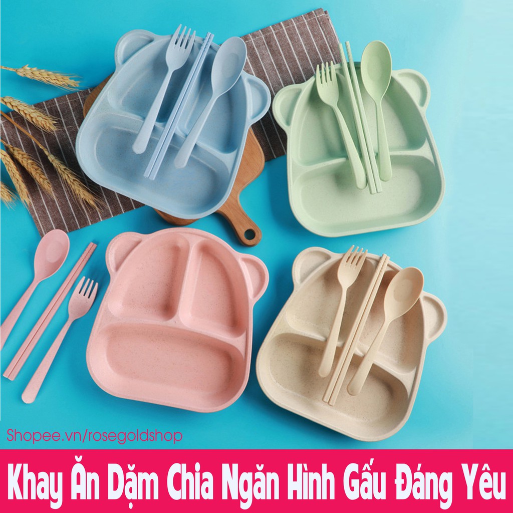 Set Khay Ăn Dặm Chia Ngăn Hình Gấu Đáng Yêu Cho Bé