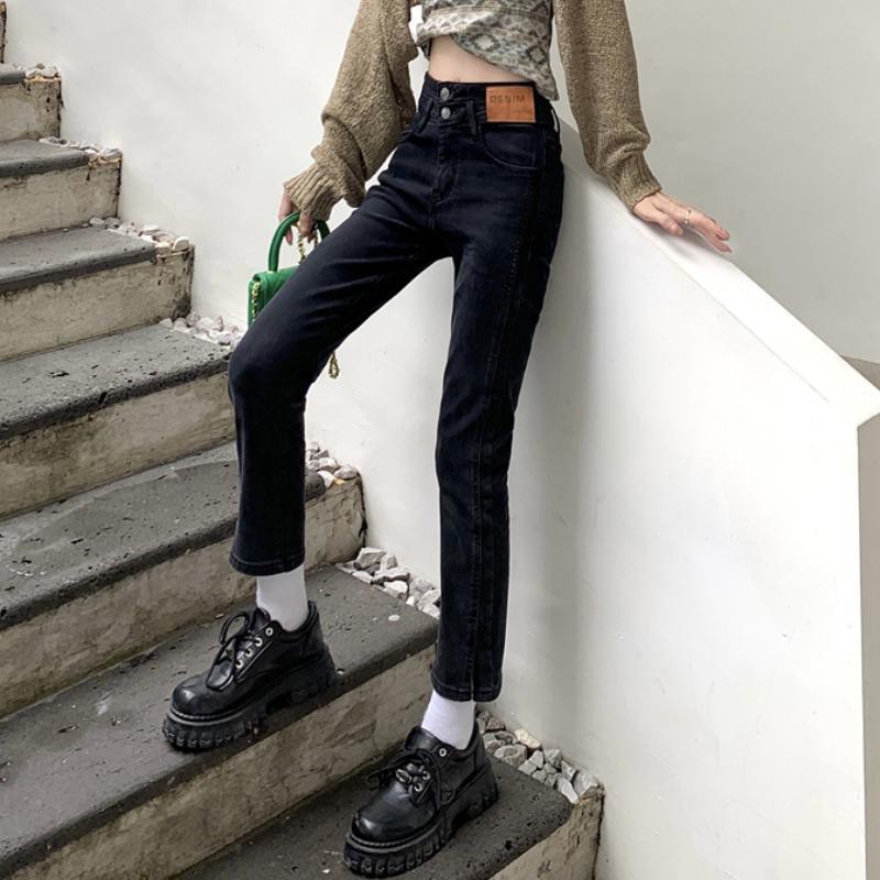 Quần jeans đen lưng cao xẻ ống thời trang cho nữ