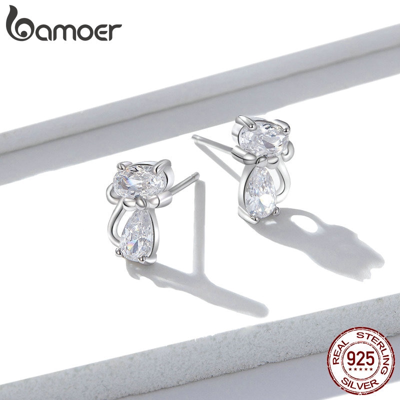 Khuyên tai bạc 925 Bamoer hình mèo dễ thương không gây dị ứng dành cho nữ