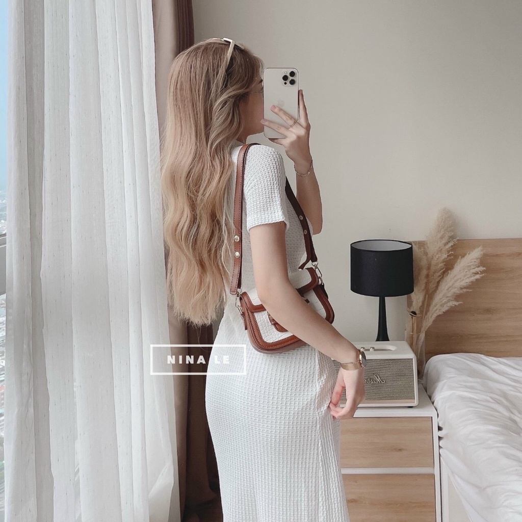 Váy đầm nữ ôm body dáng dài, đầm thun xốp cổ bẻ tay ngắn đính nút đơn giản dạo phố xinh xắn