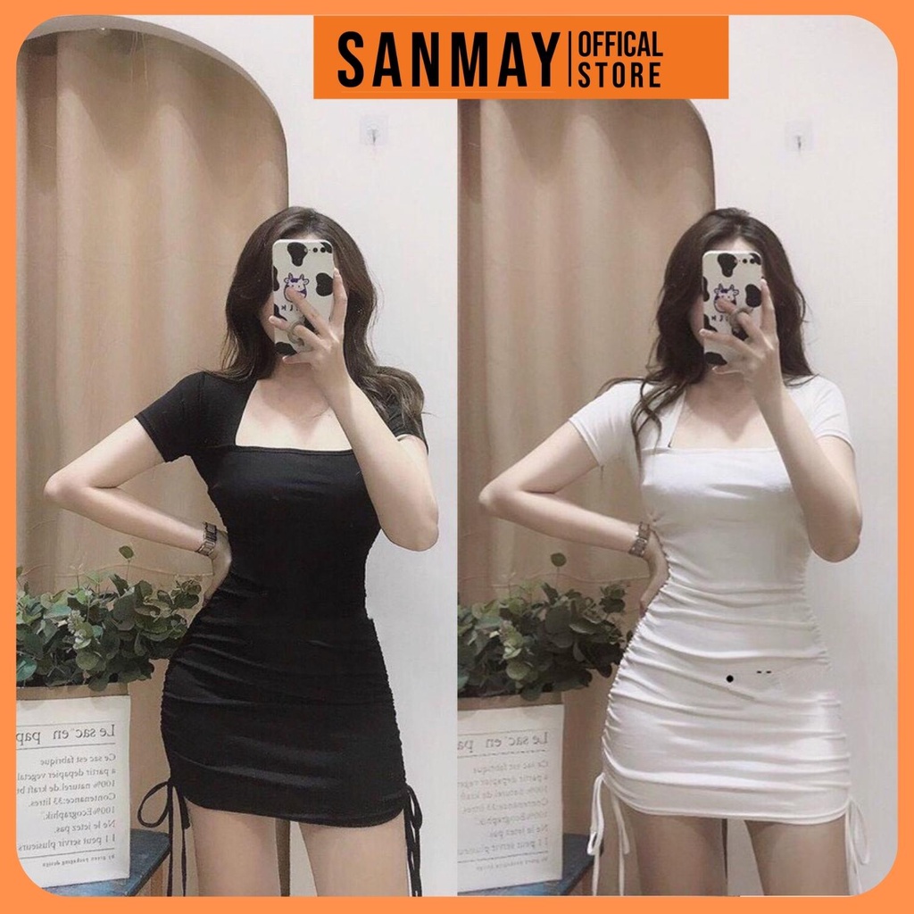Váy Body Nhún SANJOLI Đầm Ôm Sexy Nữ Cổ Vuông Rút Dây 2 Bên, Dáng Bó Eo Thun Tay Ngắn Thiết Kế Dự Tiệc Trắng Đen VD048 | BigBuy360 - bigbuy360.vn