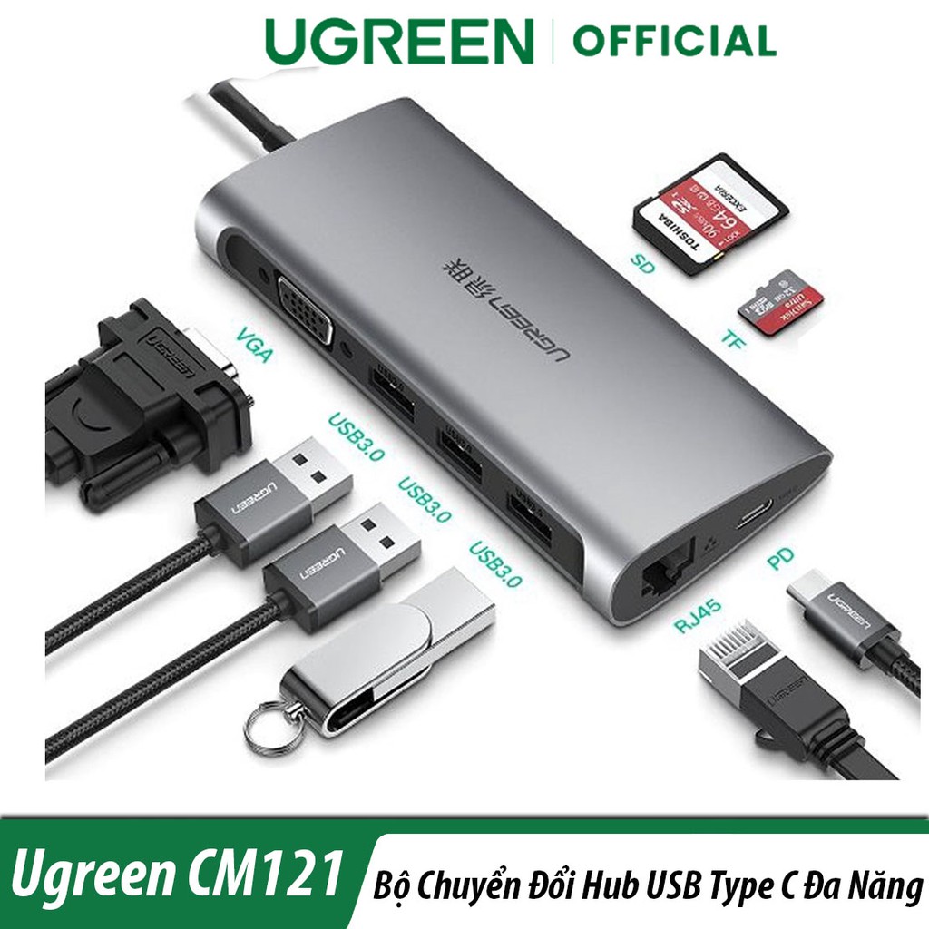 Thiết Bị Chuyển Đổi USB Type-C To HDMI ;USB 3.0 ;RJ45;TF&amp;SD Card Ugreen CM121 Chính Hãng