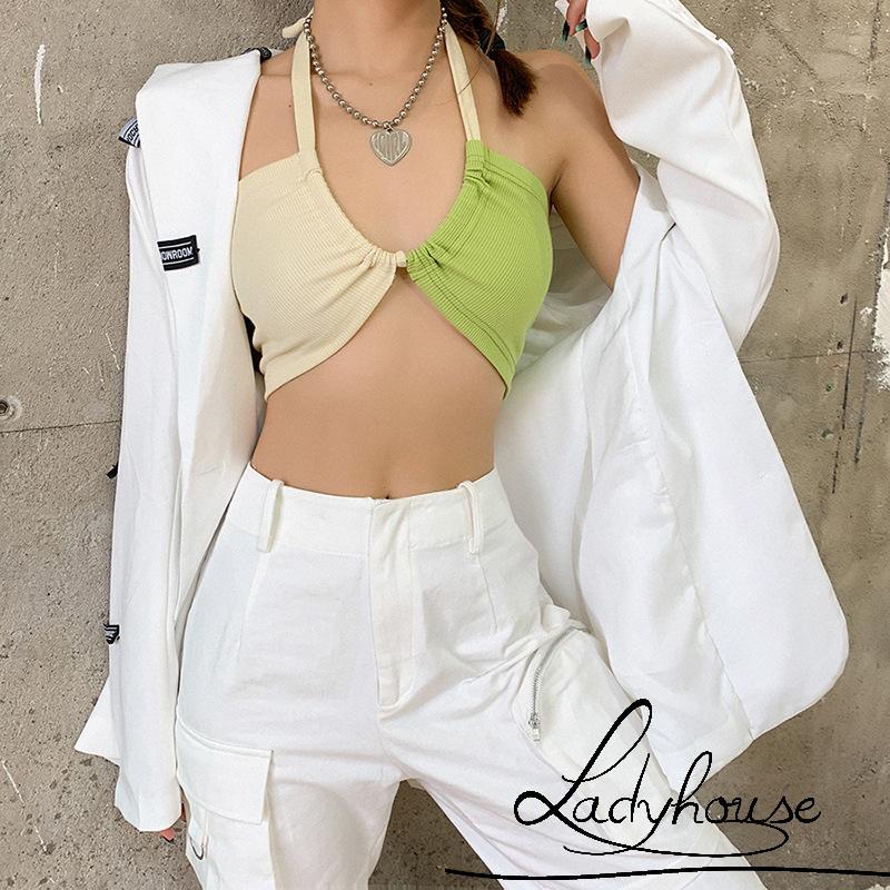 Áo Croptop Hai Dây Cổ Chữ V Không Tay Màu Sắc Trẻ Trung Dành Cho Nữ