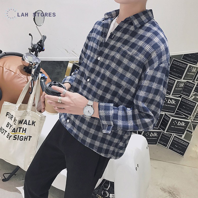 Áo sơ mi nam form rộng dài tay kẻ caro phong cách Hàn Quốc | BigBuy360 - bigbuy360.vn