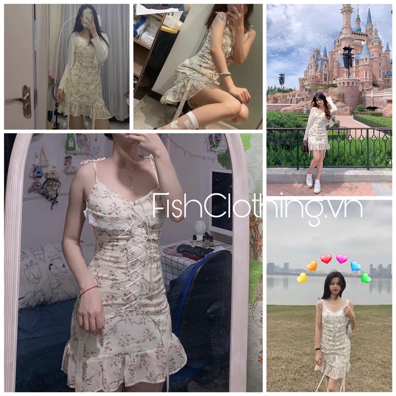 SẴN🎀Váy bánh bèo ulzzang hai dây hoa nhí đuôi cá ngắn ôm body phối ren thắt dây eo|Đầm kiểu tiểu thư dễ thương kỉ yếu | BigBuy360 - bigbuy360.vn