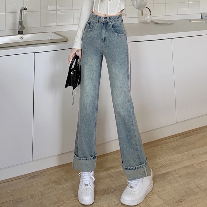 Quần Jeans ống xuông lưng cao Thời Trang Nữ