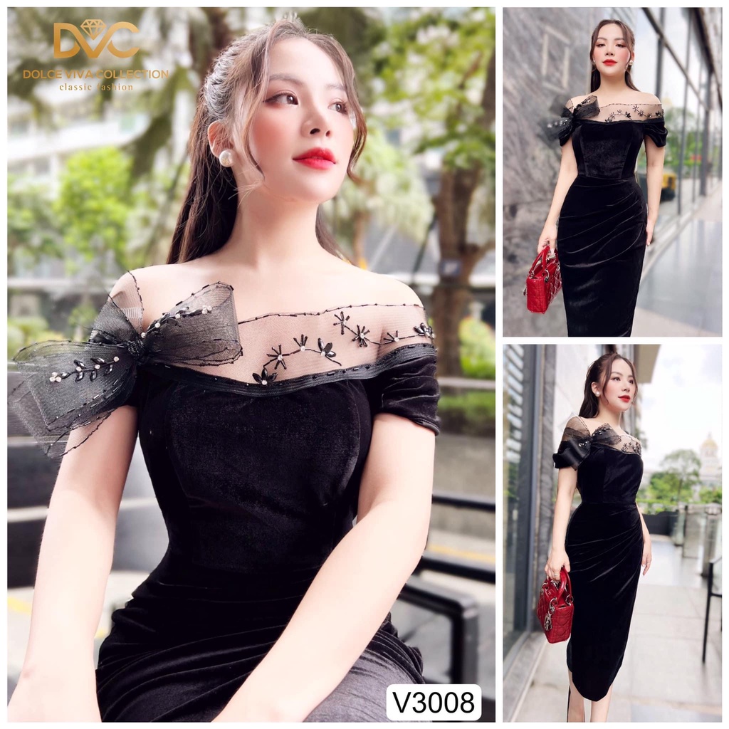 V3008 Váy đen nhung  váy ôm body nhún eo trễ vai dự tiệc sang chảnh  Dolce viva colection
