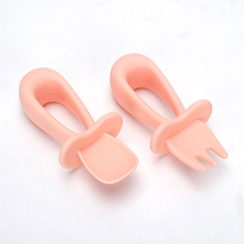 Bộ 2 Muỗng Nĩa Silicone Tay Cầm Ngắn Dành Cho Bé Tập Ăn