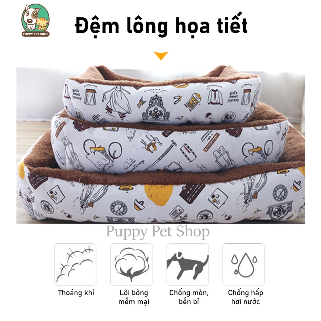 Đệm ấm cho thú cưng, chó mèo lót lông có thể dùng với thảm mùa hè. Nệm chữ nhật họa tiết lót lông