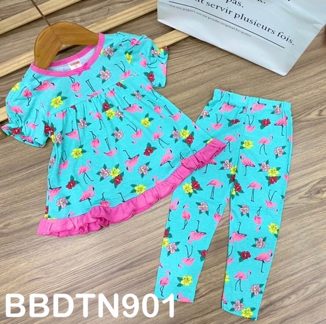 Bộ quần áo trẻ em tay ngắn quần dài dáng babydoll thun borip xuất khẩu cho bé gái