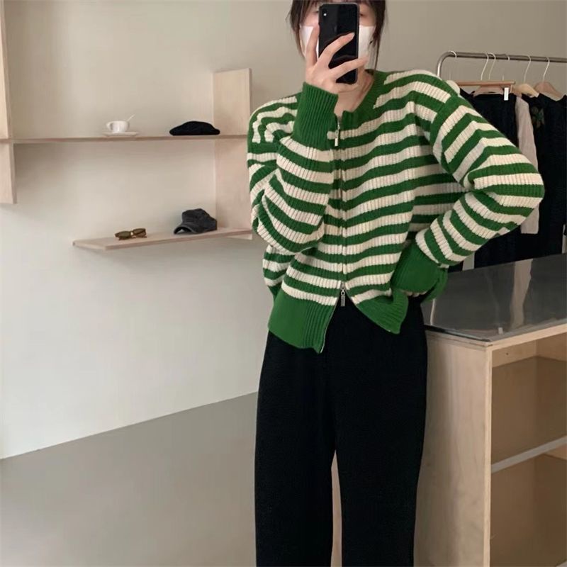 2022 Áo cardigan dệt kim dài tay thời trang Hàn Quốc với sọc xanh và dây kéo