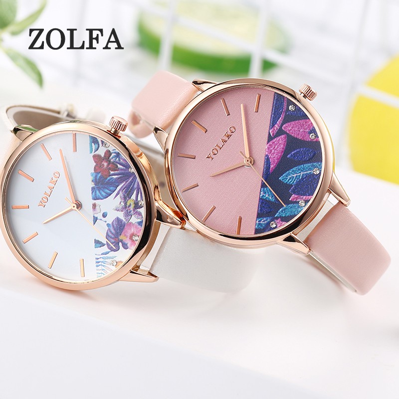 ZOLFA Classic Black Printed Leather Womens Watches Round Ultra-Thin Rhinestone Ladies Quartz Wrist Watch Elegant White Lady Dress Clock Đồng hồ nữ