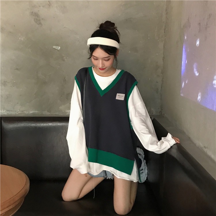 Áo Sweater Dệt Kim Không Tay Xẻ Tà Phong Cách Retro