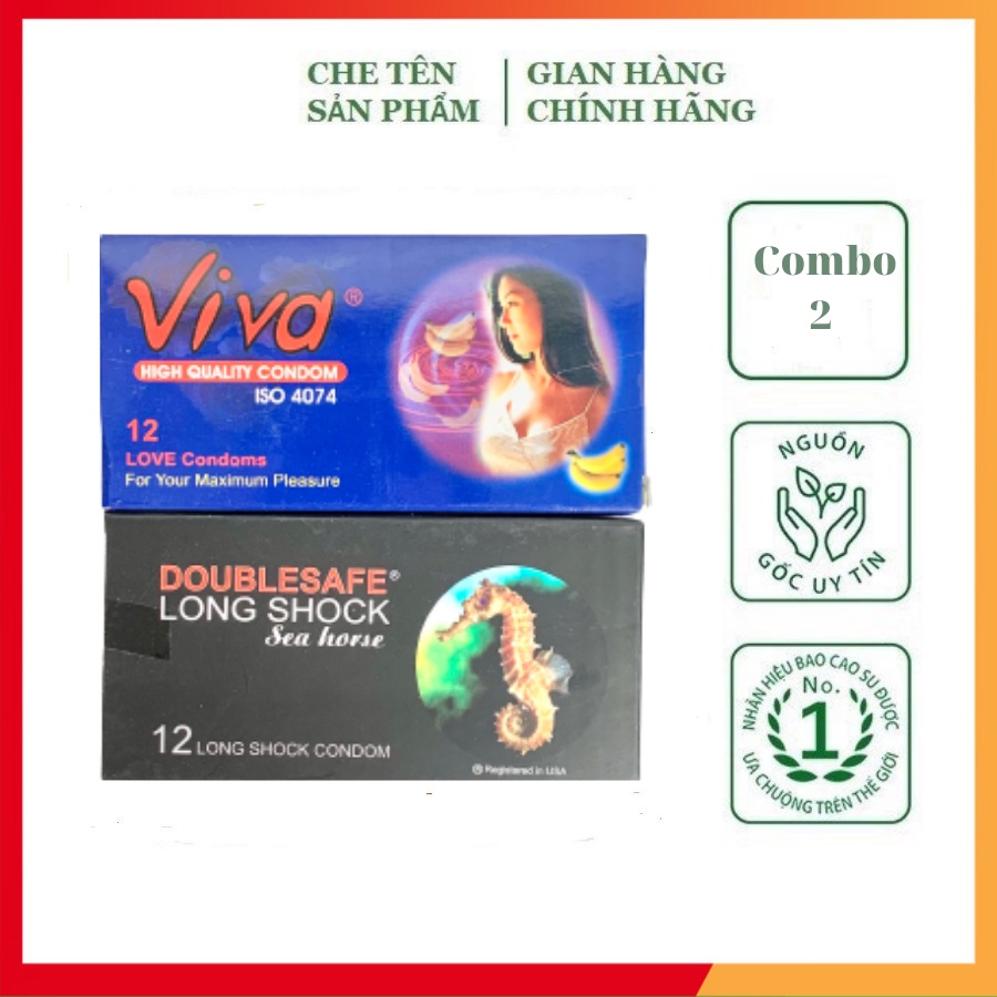 Combo 2 hộp bao cao su VIVA, LONG SHOCK SEA HORSE, bao cao su gia đình, kéo dài thời gian yêu, ba con sau