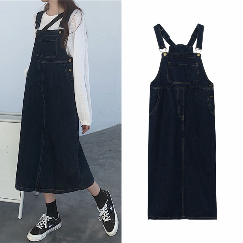 Xiaozhainv Đầm Yếm Denim Form Rộng Phong Cách Retro Hàn Quốc Cho Nữ