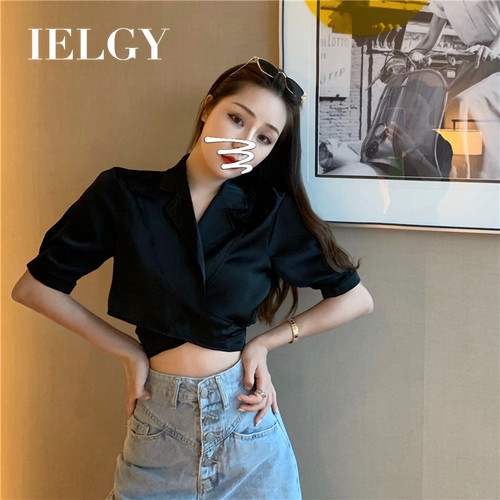 IELGY   Áo Kiểu Tay Ngắn Cổ Chữ V Chéo Dây Lưng Cao Thời Trang Quyến Rũ Cho Nữ
