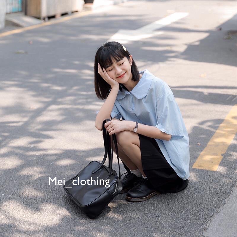 [Ảnh thật/video] Áo sơmi cộc tay babydoll cổ sen dáng rộng cute