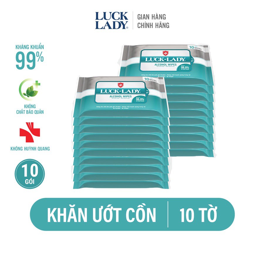 Khăn ướt cồn diệt khuẩn Luck Lady không nắp 10 tờ/gói - Combo 10 gói