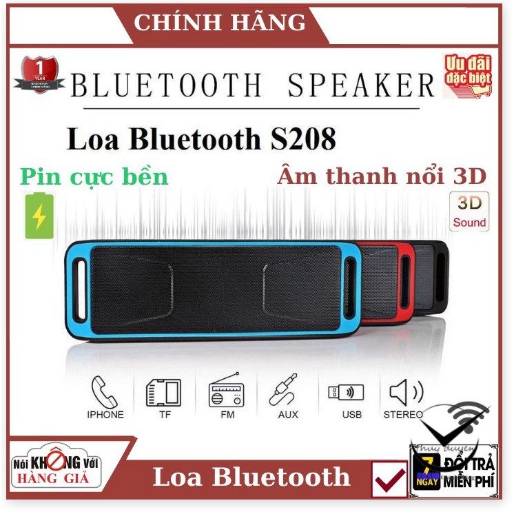 Loa bluetooth S208 loại xịn , loa siêu bass , âm thanh 3D , hỗ trợ bluetooth 4.0 , bảo hành chính hãng