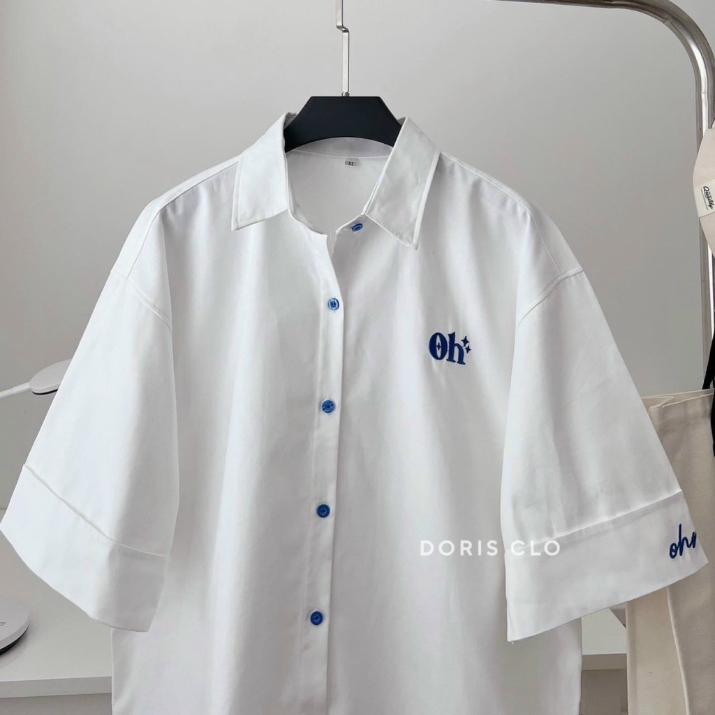 (HCM) ÁO SƠ MI KIỂU FORM RỘNG THÊU LOGO OH SIÊU XỊN THỜI TRANG GENZ HOT HIT  HOT NHÂT