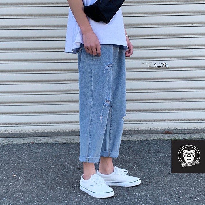 Quần jean baggy nam nữ ống rộng rách màu xanh 242