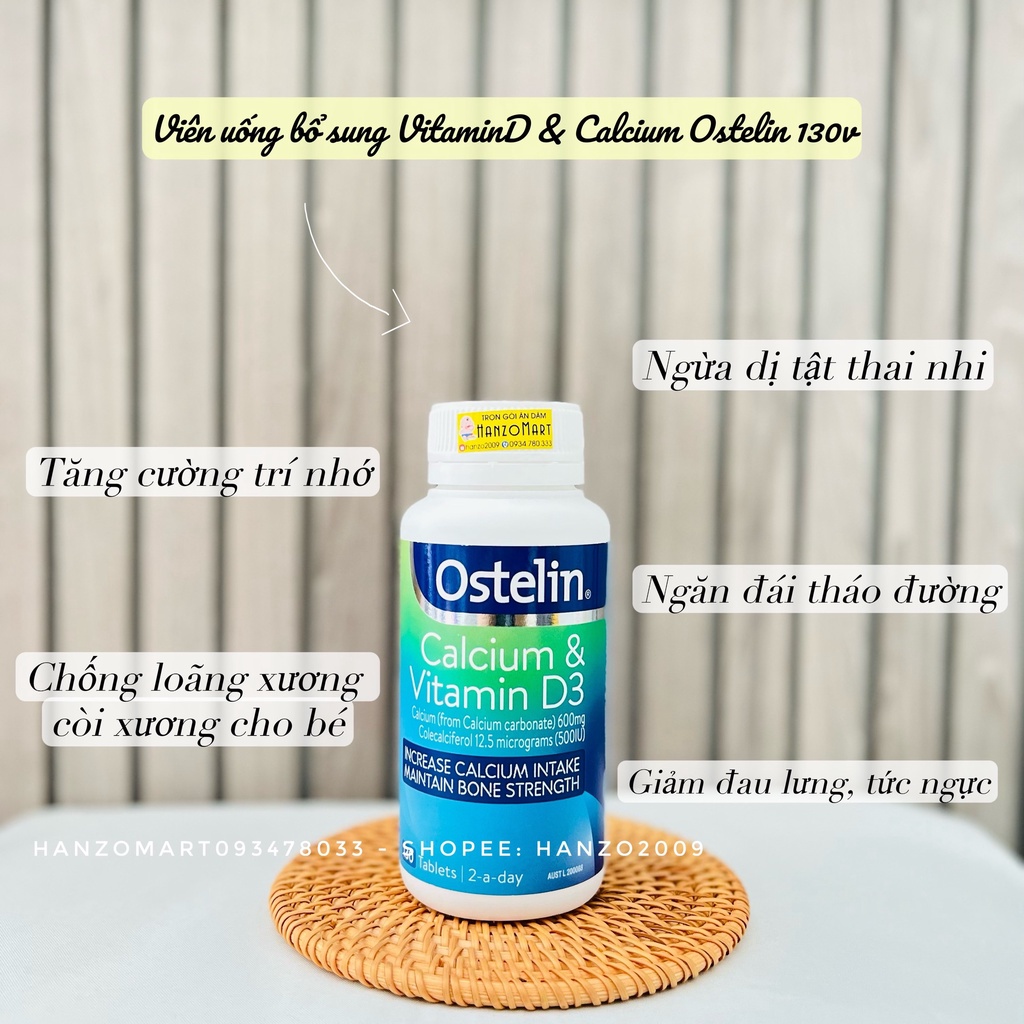 Canxi cho bé Viên uống bổ sung Canxi và Vitamin D cho người lớn và mẹ bầu, Ostelin Calcium & Vitamin D Úc -130 viên