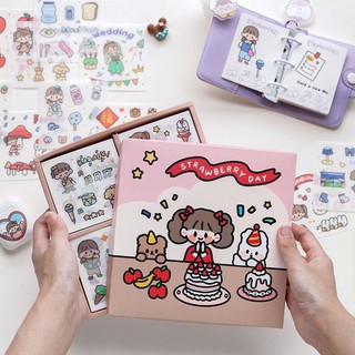 Hộp 100 tờ sticker gần 1000 sticker xinh xắn trang trí sổ-mẫu cô bé ăn bánh kem