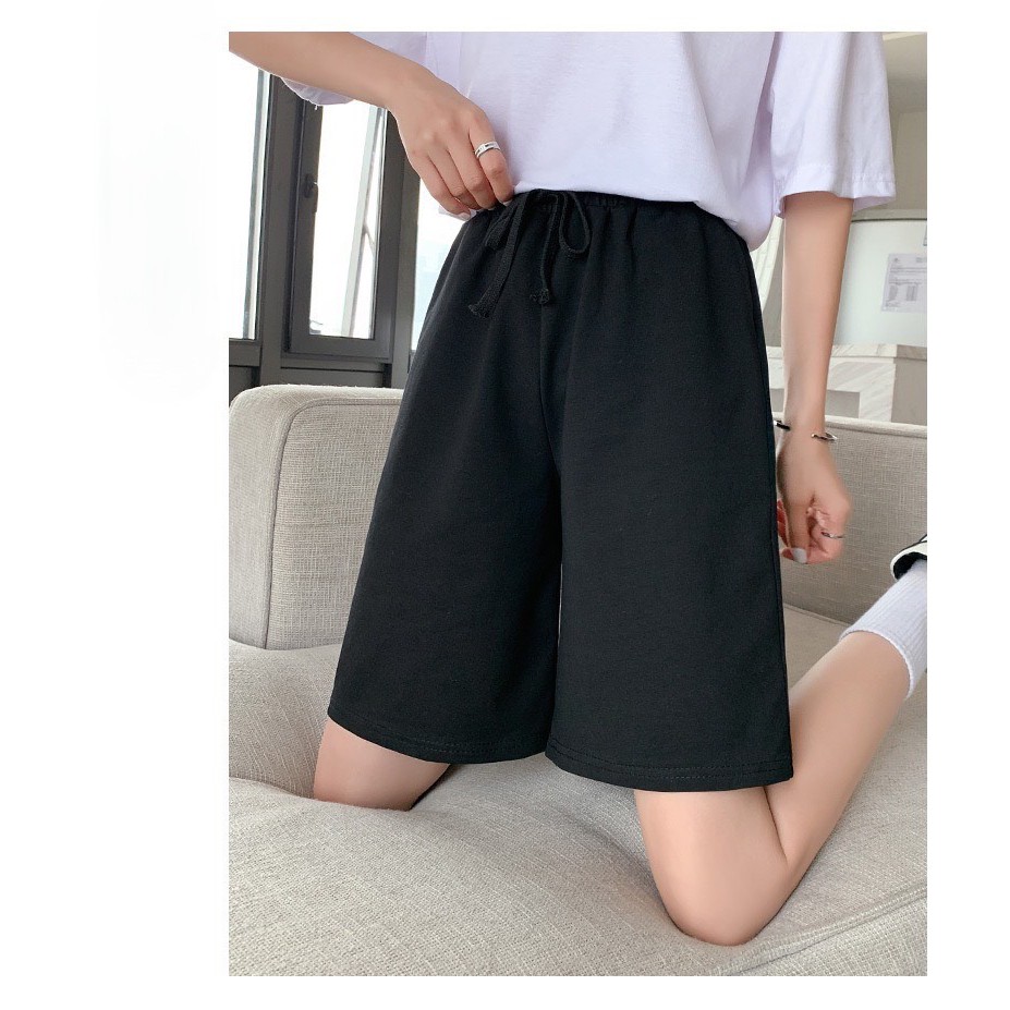 Quần short nam nữ LylyshopUnisex chất thun cotton ống rộng suông kiểu quần đùi basic lưng chun có dây rút, có size M,L