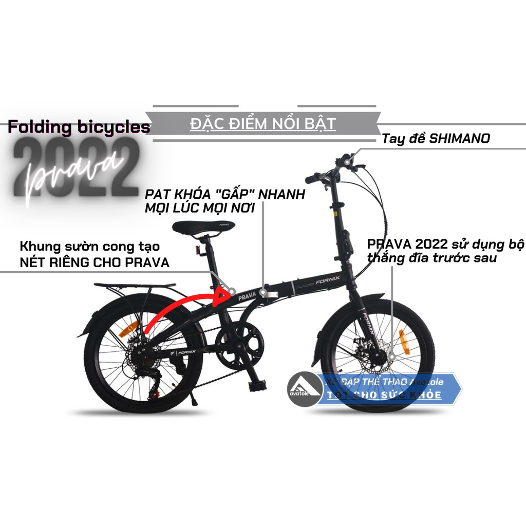 Xe đạp gấp FORNIX PRAVA NEW 2022, Khung sườn HỢP KIM THÉP cao cấp, Trọng lượng 12.5kg, Vòng bánh 20inches, Màu NÂU