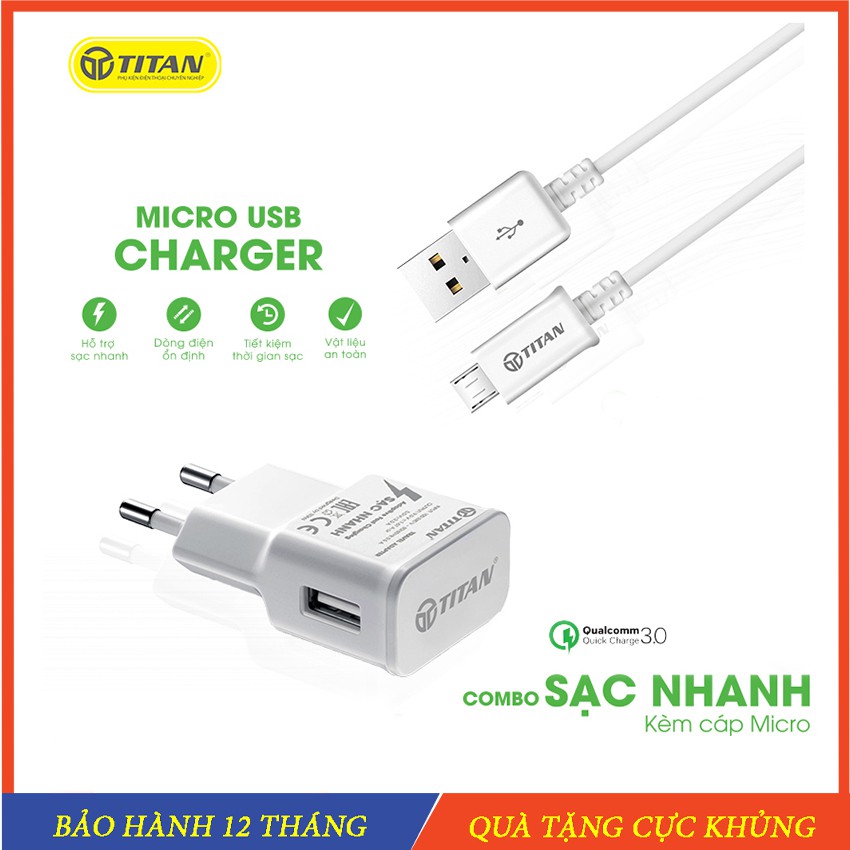 Bộ sạc nhanh Micro USB, Combo sạc gồm Củ Sạc Nhanh Kèm Dây Chân Samsung Hỗ Trợ sạc nhanh 3.0 - Titan - Hàng Chính Hãng