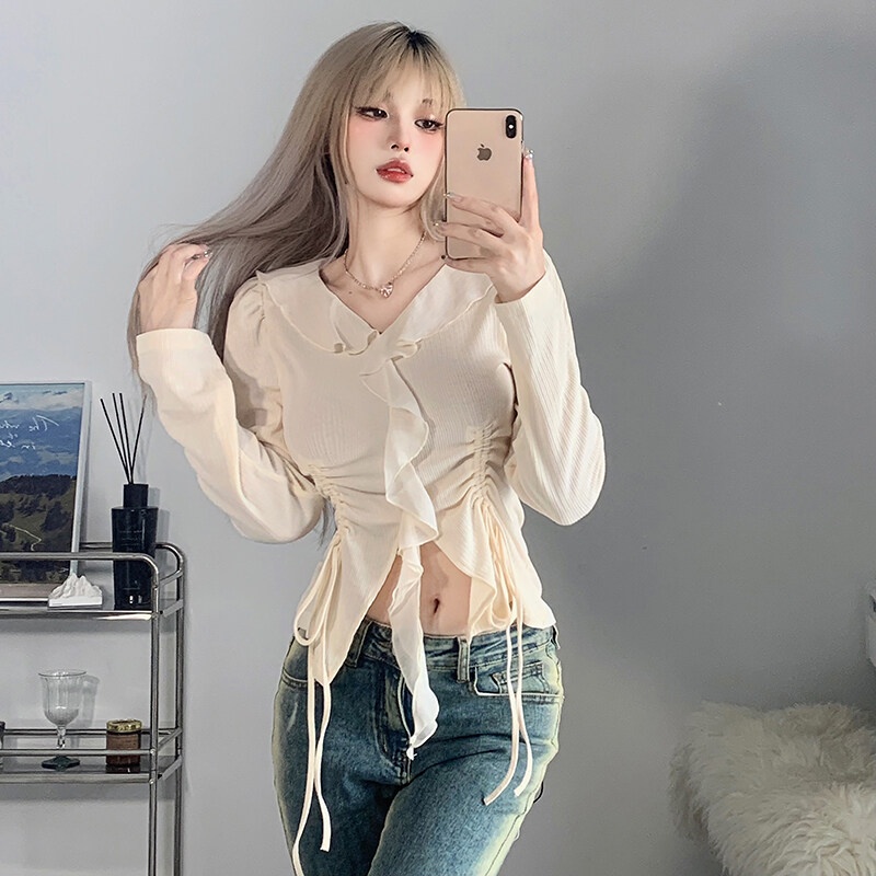 Kliou 2022 Mới vào mùa hè Áo Crop Top Tay Dài Phối Bèo Nhún Thiết Kế Dây Rút Eo Xinh Xắn Thời Trang Cho Nữ
