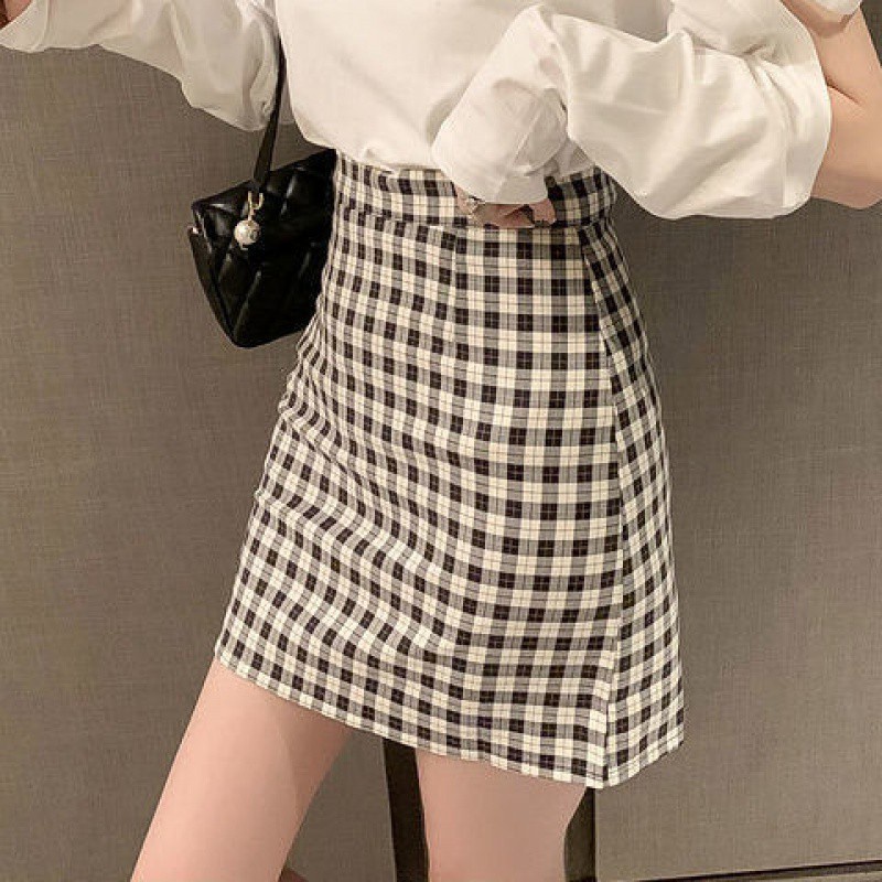 Sneaky Design College Style off-the-ShoulderTT-shirt Top High Waist Plaid Skirt Hip-Wrapped Temperament Fashion Two-Piece Set