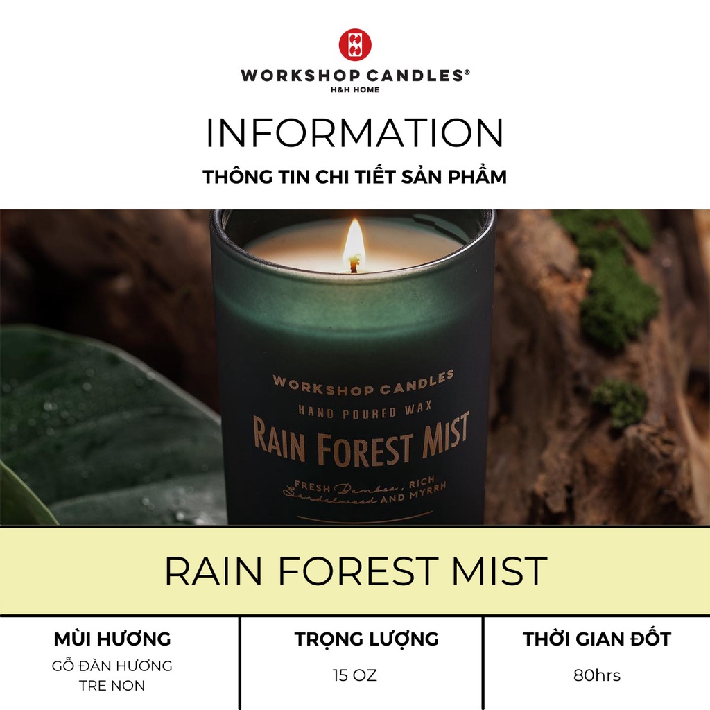 Nến thơm Rain Forest Workshop Candles H&amp;H Home 15 oz hương gỗ cao cấp