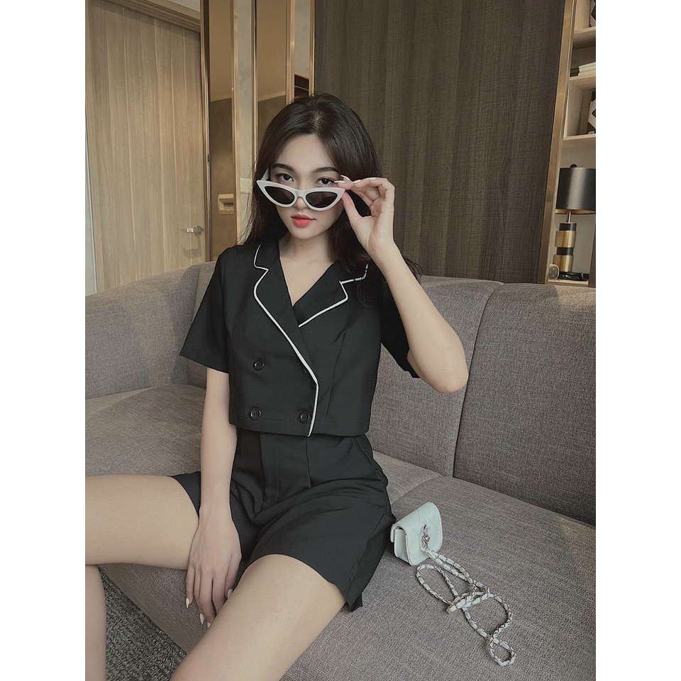 [8.8 Sales Freeship] Set bộ vest lửng công sở, set áo vest tay ngắn phối chạy viền croptop, quần ngố rộng lưng cao